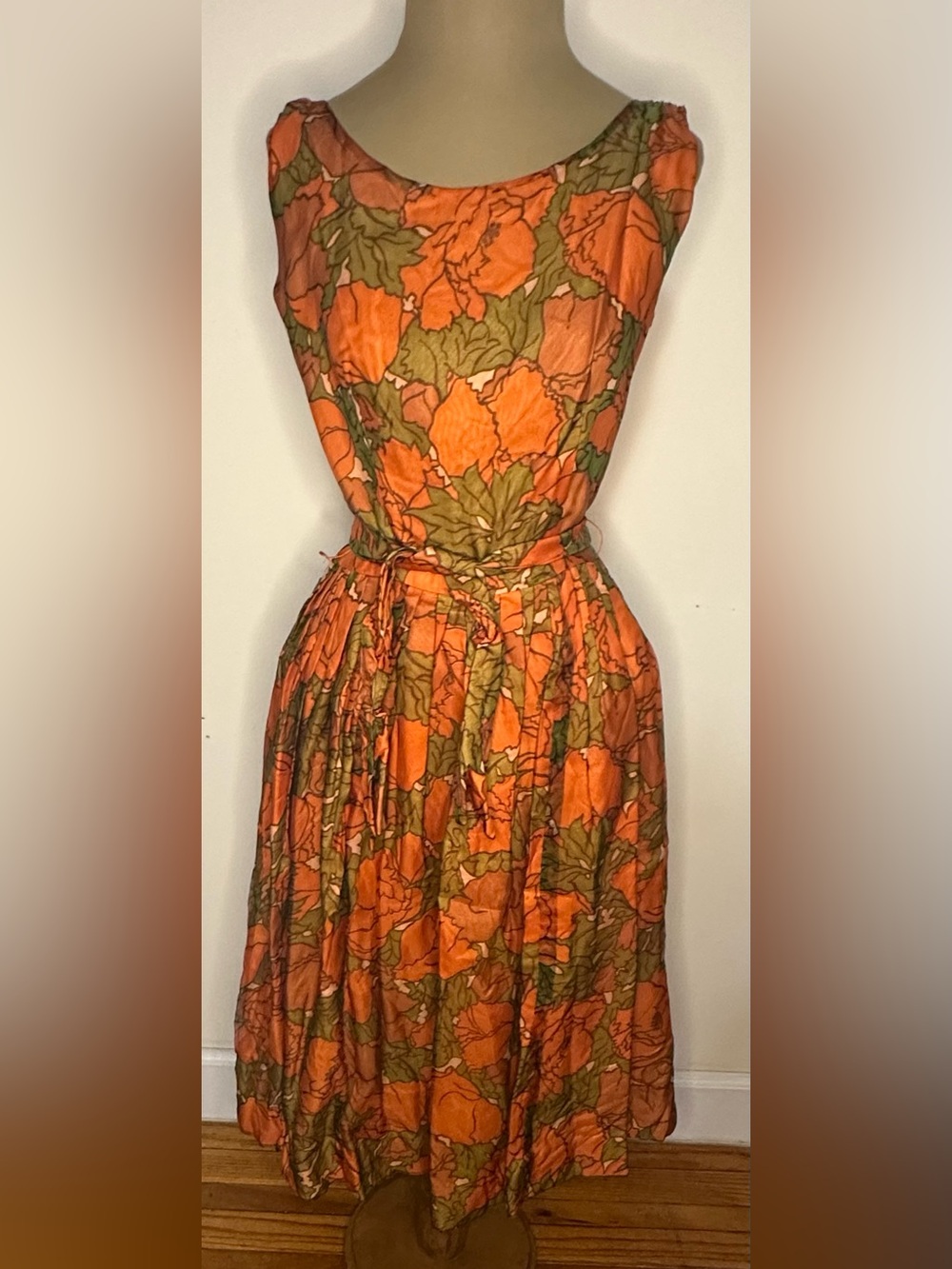 Vintage Handmade 60s Style Orange Green Floral Pleated Midi Dress with Tie Waist